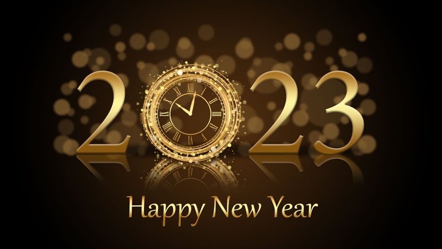 Graphic reading 2023 Happy New Year with a clock face in the zero.