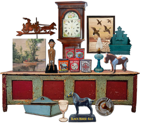 An antique chest, vintage tins, a case clock, a weather vane and other antiques.