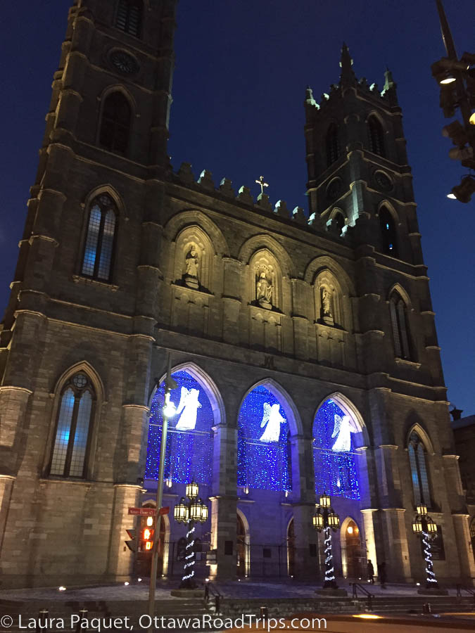 notre dame basilica in old montreal on a winter night