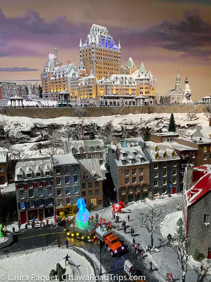 miniature version of the chateau frontenac hotel and heritage buildings in quebec city.