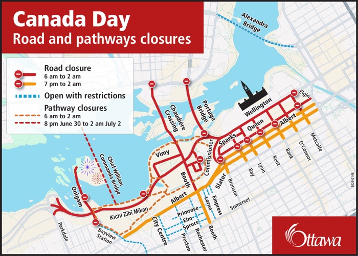 map of ottawa for canada day showing road and pathway closures with a legend and red/brown dashed lines indicating closures and restrictions.