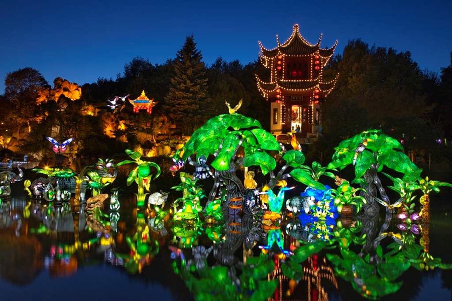 illuminated installation of plants, animals and birds, in front of a lighted pagoda, reflected in water.
