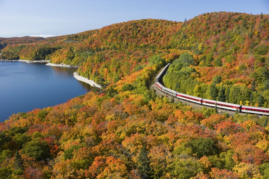 red-and-silver agawa canyon train snaking through hills covered with fall colours, with river on left.