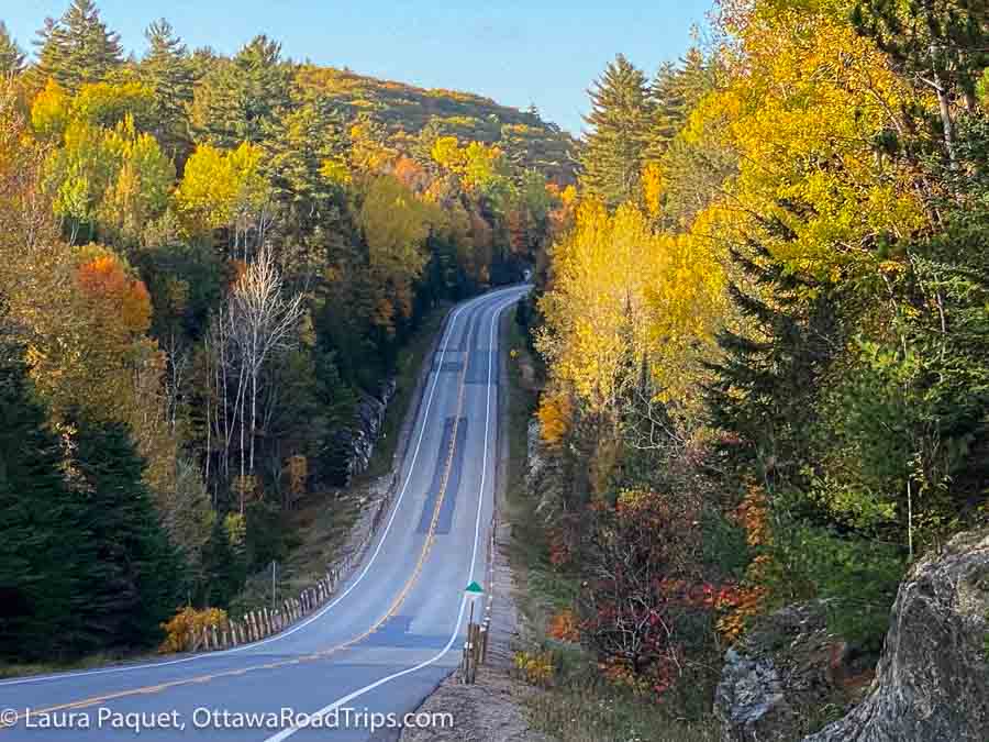 empty two-lane highway 28 curving through hills covered with fall trees near denbigh, ontario.