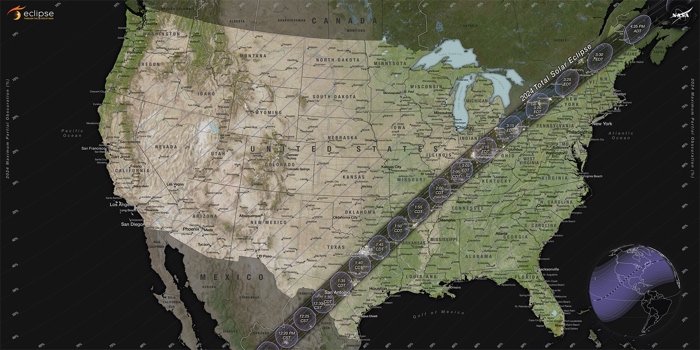2024 solar eclipse map showing the path of totality in the united states and parts of mexico and canada