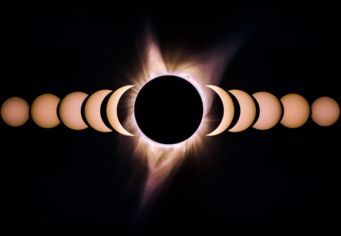 photo composition of the phases of a total solar eclipse, with the dark circle of the moon blocking everything but the sun's corona in the middle