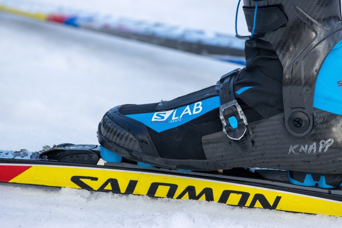 closeup of a ski boot on a ski