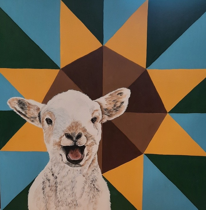 painting of a lamb against a geometric background