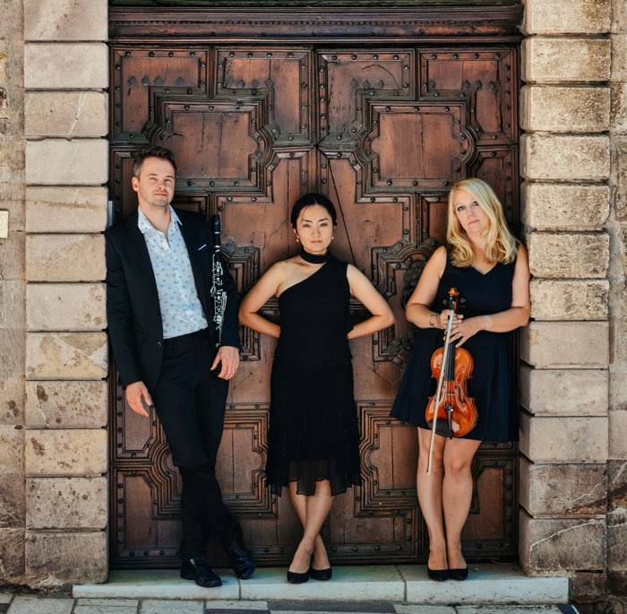 man holding a clarinet, woman in a black dress and woman holding a violin standing in front of old carved wooden doors and a stone building