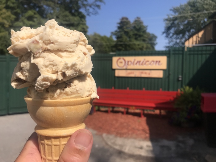 closeup of an ice cream cone with sign reading "opinicon" in background