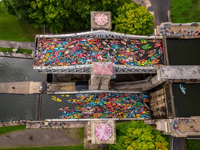 Aerial view of two parallel lock caissons filled with kayaks and canoes at the Peterborough Liftlock.