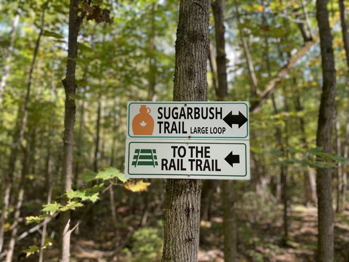 two trail signs on a tree next to a forest trail