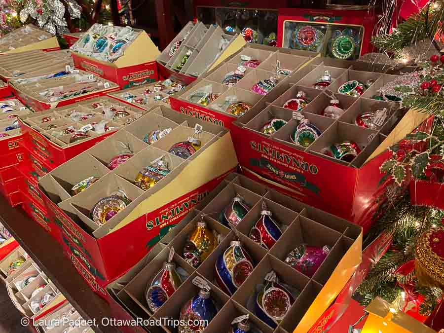 boxes of vintage-style glass ornaments