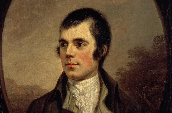 painting of robert burns, a dark-haired man with sideburns in early 19th-century clothing