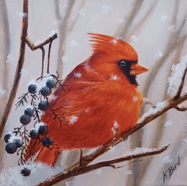 acrylic painting by kristi bird of a male cardinal on a branch with blueberries amid falling snow