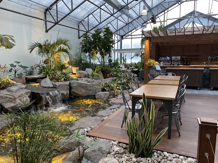 cafe tables in a greenhouse next to a small waterfall