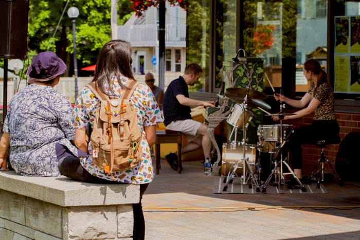 kemptville street piano exp n gren - Ottawa Road Trips pianist and drummer playing outside library branch with patrons watching