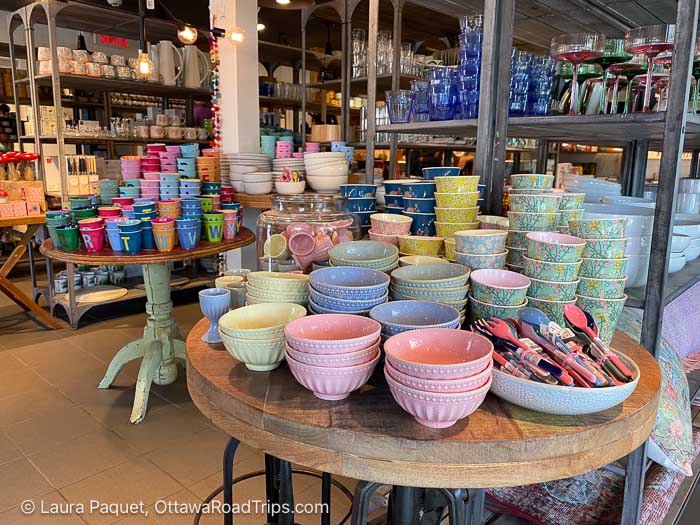 colourful bowls on a display table in a store