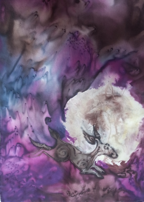 purple and blue silk scarf with leaping rabbit painted on it