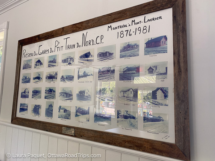 a collection of historical photos of old train stations, displayed together in a large wooden frame
