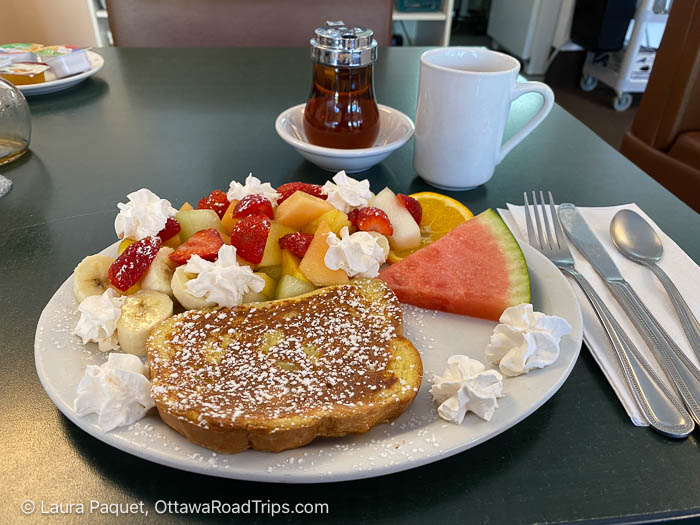 white plate with french toast dusted with icing sugar and fruit topped with whipped cream