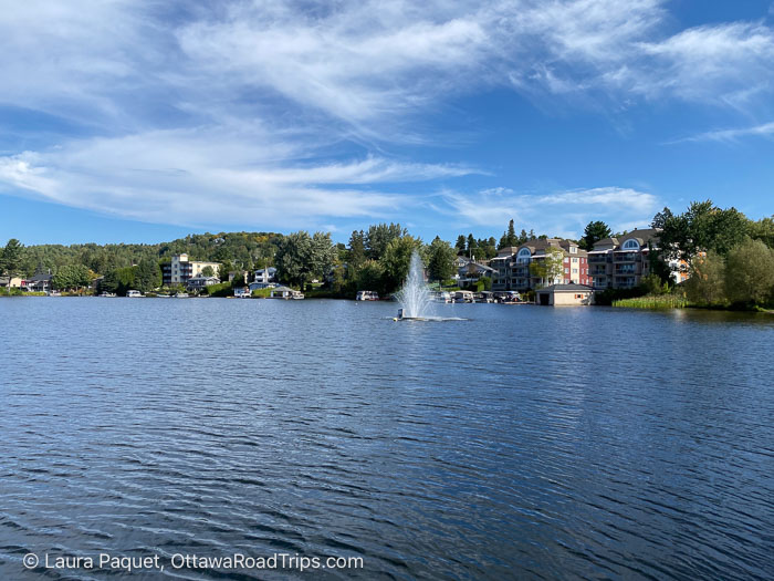 lake with a small fountain surrounded by small apartment buildings