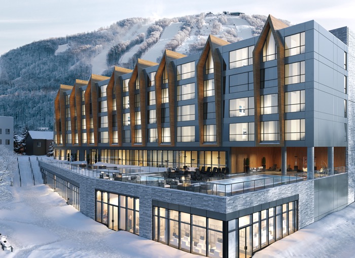 alpinn-bromont - Ottawa Road Trips multistorey hotel with outdoor pools at base of snow-covered mountain