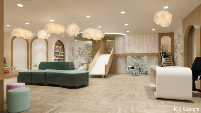 family fun zone chelsea rendering - Ottawa Road Trips room with colourful soft furniture, toys and a wooden slide