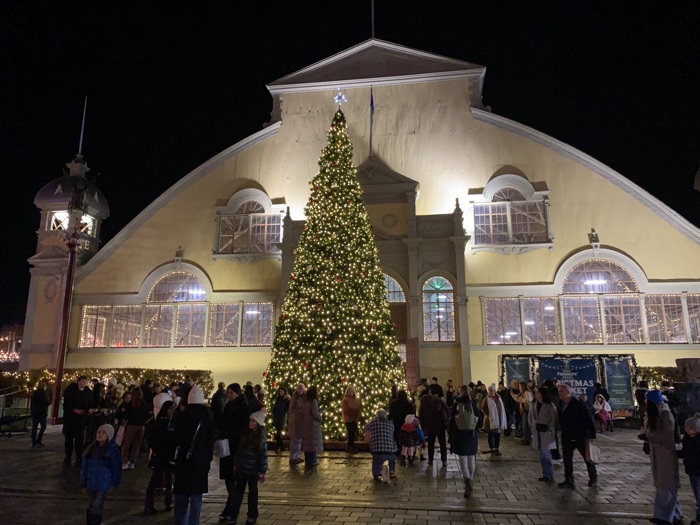 large illuminated christmas tree in front of the aberdeen pavilion at lansdowne park during the ottawa christmas market