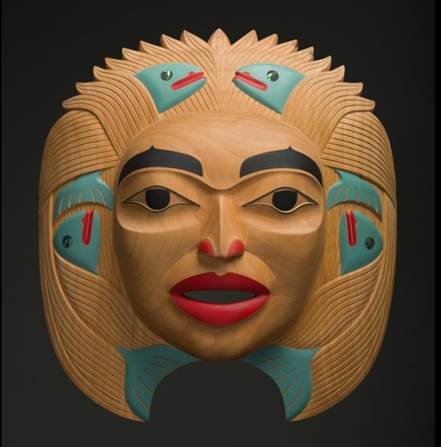 dale marie campbell national gallery - Ottawa Road Trips carved mask of a woman's face surrounded by blue fish
