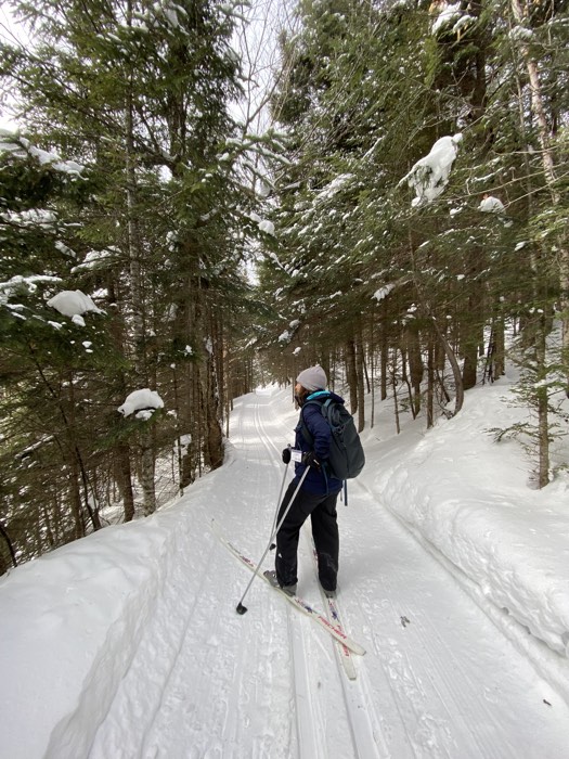 lisa at parc régional de sainte-agathe-des-monts 2 aized - Ottawa Road Trips woman paused on a cross-country ski trail through coniferous trees