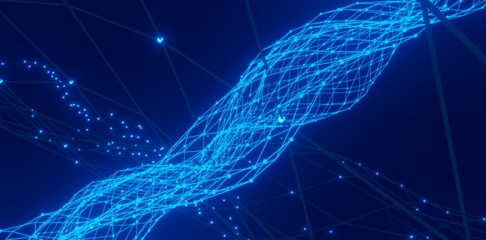 abstract blue network of glowing lines and points representing digital connectivity with a dark background.