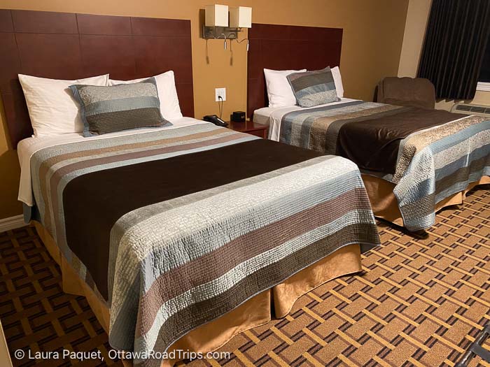 two double beds in a hotel room with striped brown, gray, and white bedspreads and a shared nightstand between them.