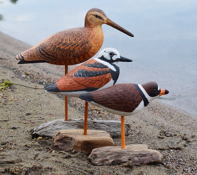 three carved duck decoys mounted on sticks along a sandy shoreline by calm water
