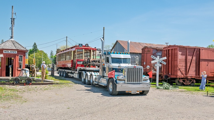 streetcar rmeo - Ottawa Road Trips restored streetcar on a flatbed truck arriving at the railway museum of eastern ontario