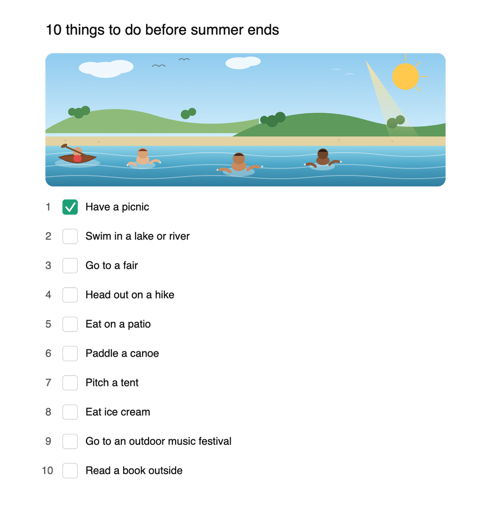 image - Ottawa Road Trips illustration of a sunny lakeside scene with swimmers; a checklist of 10 summer activities, item 1 checked: have a picnic.