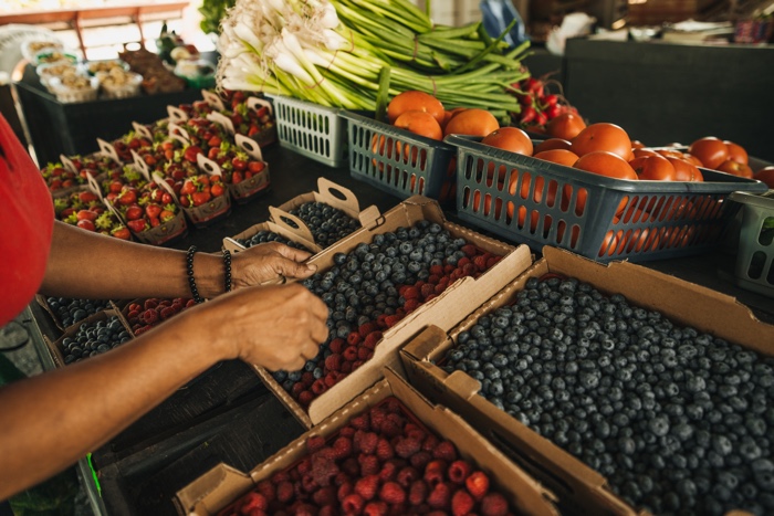 farm stand table with strawberries, blueberries, raspberries, tomatoes and green onions.