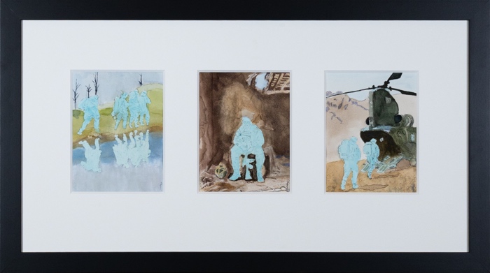 triptych of paintings featuring soldiers at war